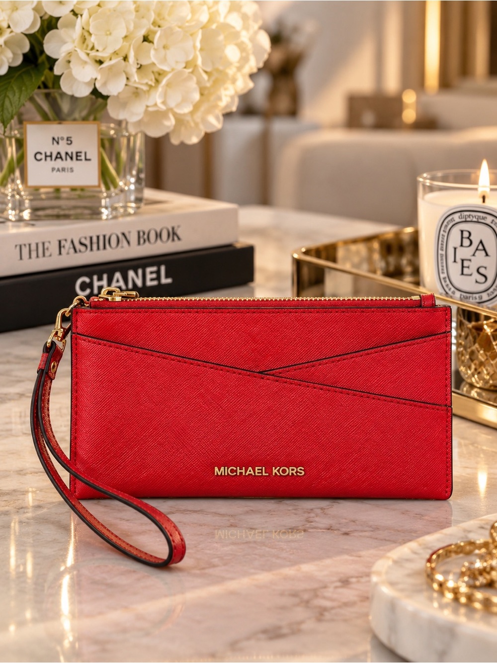 Michael Kors Red Saffiano Leather Wristlet Clutch Gold Hardware EUC